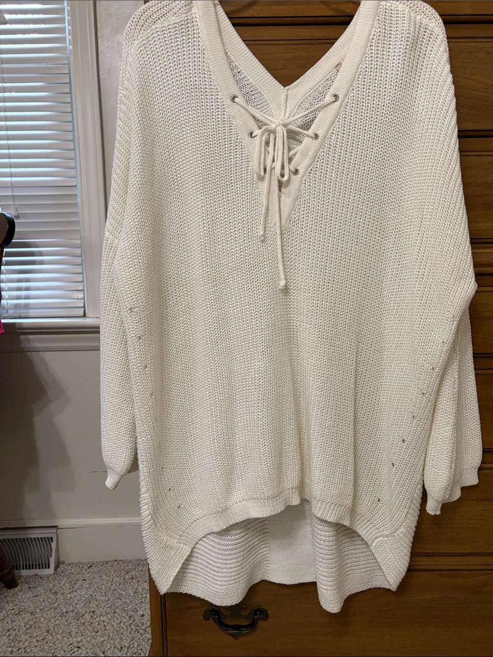 Altar'd State Cream Lace-Up V-Neck Chunky Knit Sweater Size M